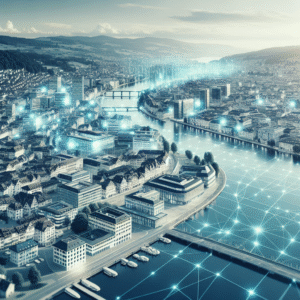 Zug skyline with biotech and AI network overlay