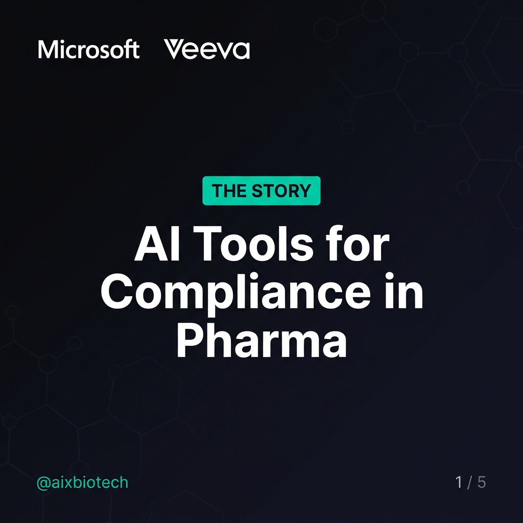 Dark cinematic banner with electric blue data grid and teal accents representing AI governance in a pharma office setting