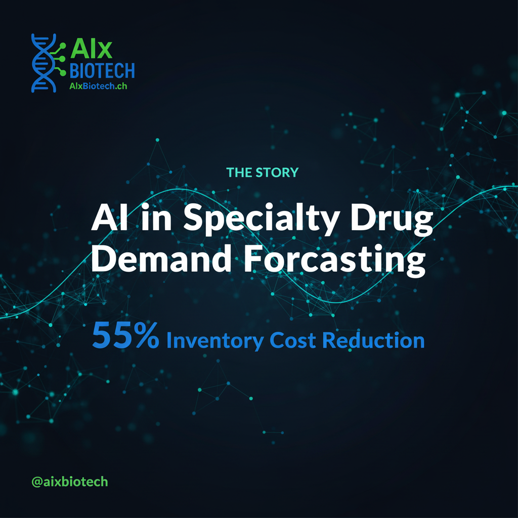 AI specialty drug demand forecasting dashboard with electric blue data curves and teal signals on dark background