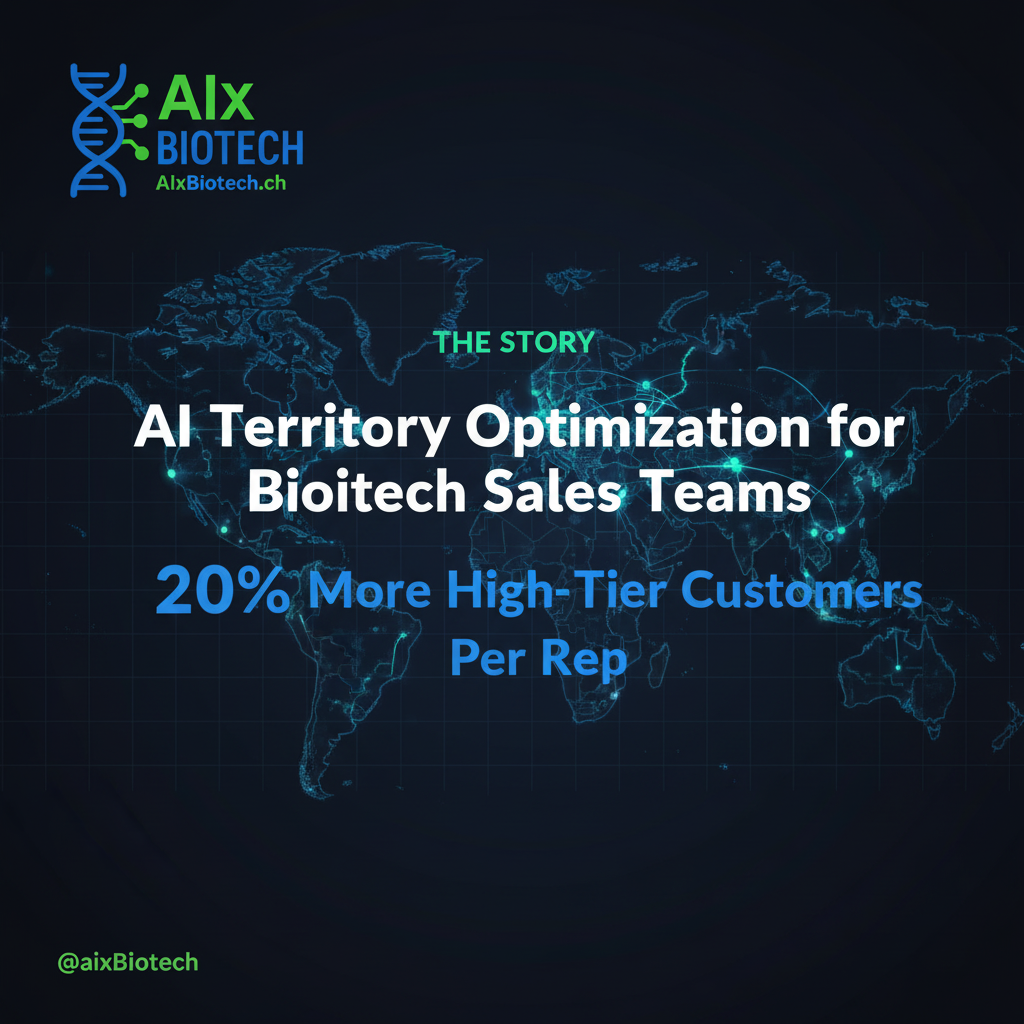 AI territory optimization dashboard for biotech sales teams with electric blue data maps and teal signals on dark background