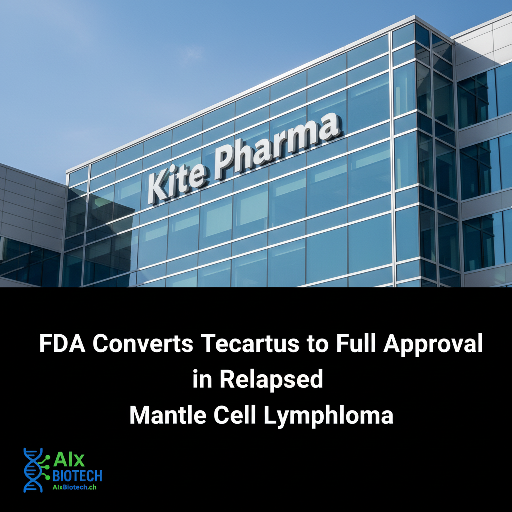 Dark cinematic banner with Kite Pharma logo and Tecartus FDA full approval headline on molecular background