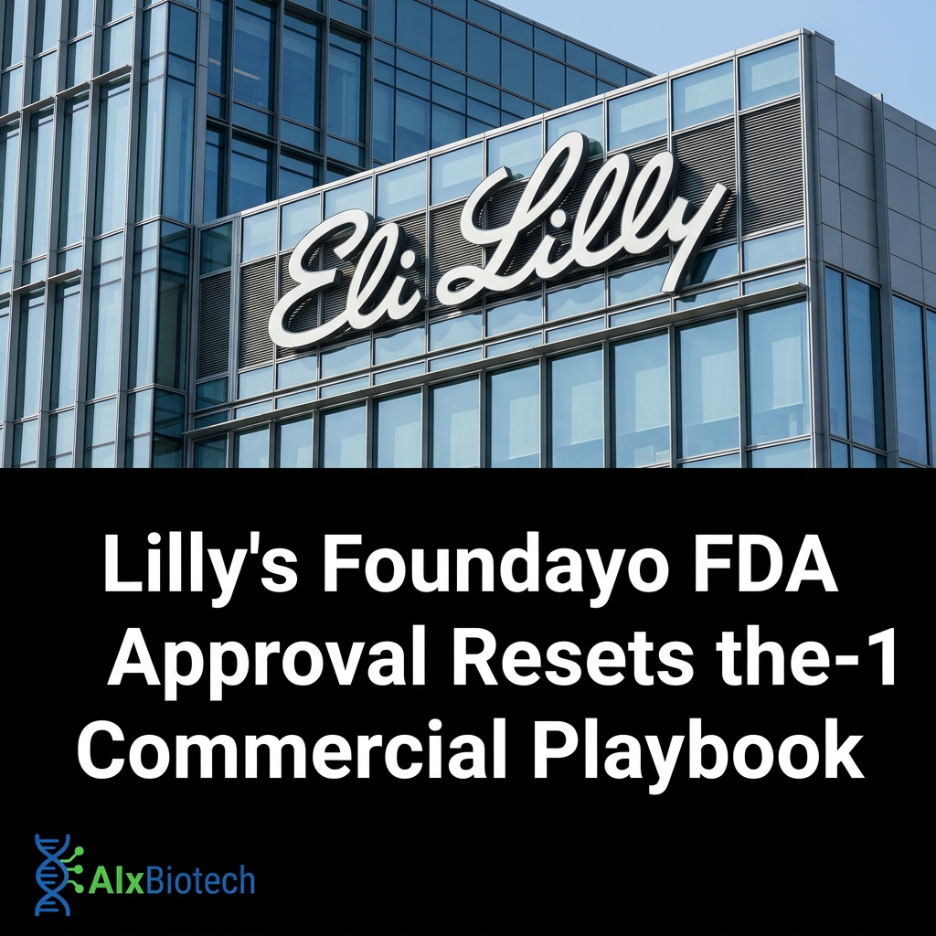 Dark cinematic banner with Eli Lilly logo and Foundayo oral GLP-1 FDA approval headline on molecular data background