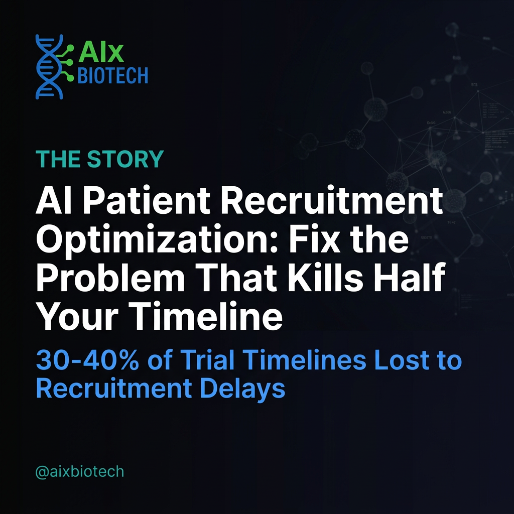 Dark cinematic 16:9 banner with electric blue clinical trial patient network visualisation and teal data accents representing AI-driven trial recruitment