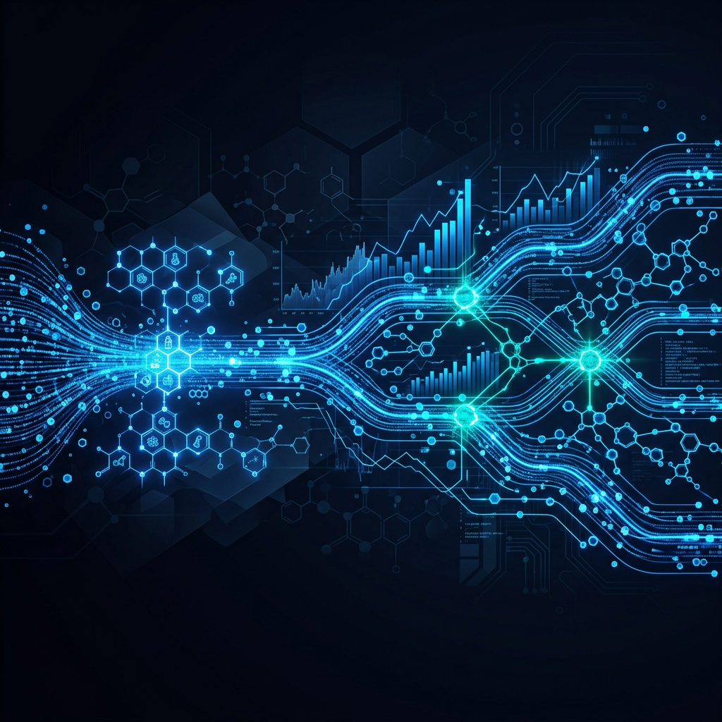 Abstract visualization of pharmaceutical pricing data flowing through a distribution network