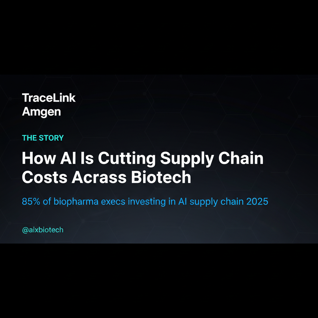 Abstract visualization of AI-powered biotech supply chain networks with glowing blue and teal data pathways