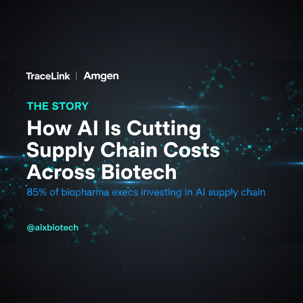 Abstract visualization of AI-powered biotech supply chain networks with glowing blue and teal data pathways