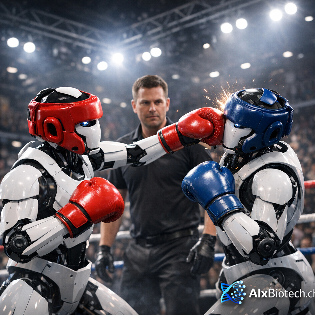 Two humanoid robots boxing with a referee at a tech expo